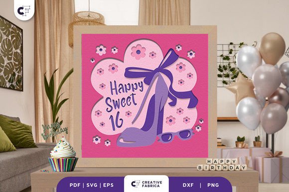Sweet 16 with Heels and Ribbon 3D SVG for Birthdays